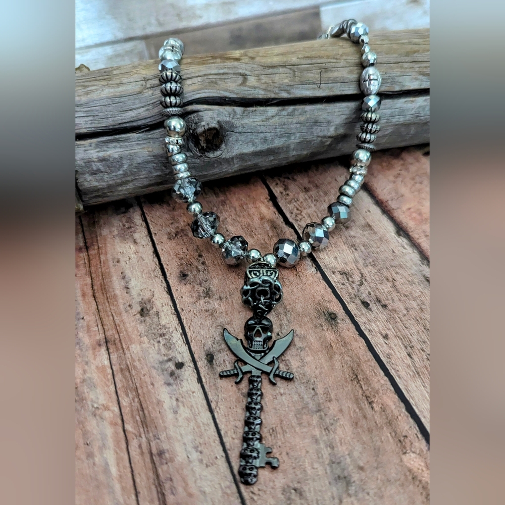 New Handcrafted Original Design Silver Beaded Necklace W Skull Charm